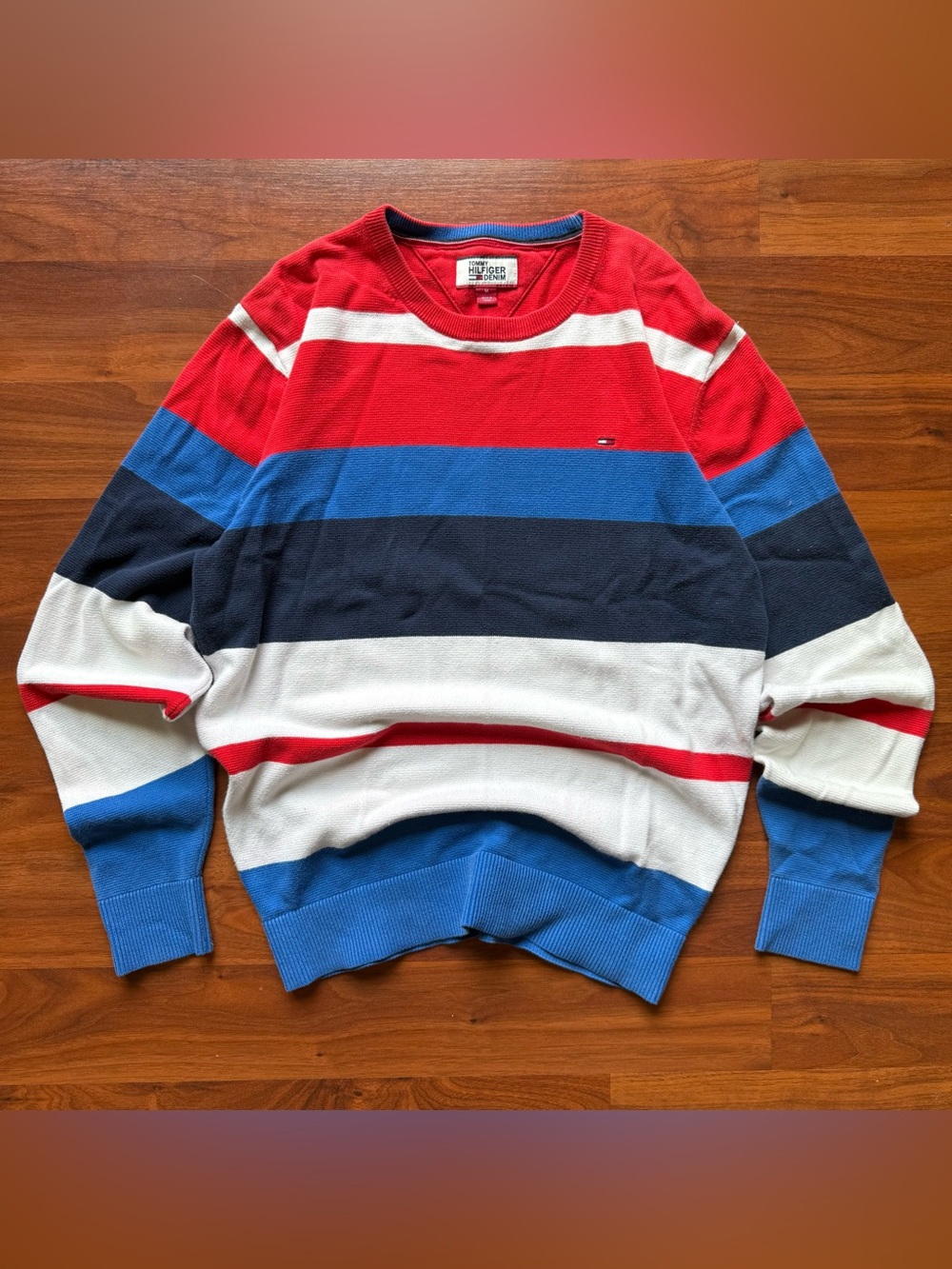Tommy Hilfiger red white blue striped sweater Medium knit crewneck pullover mens